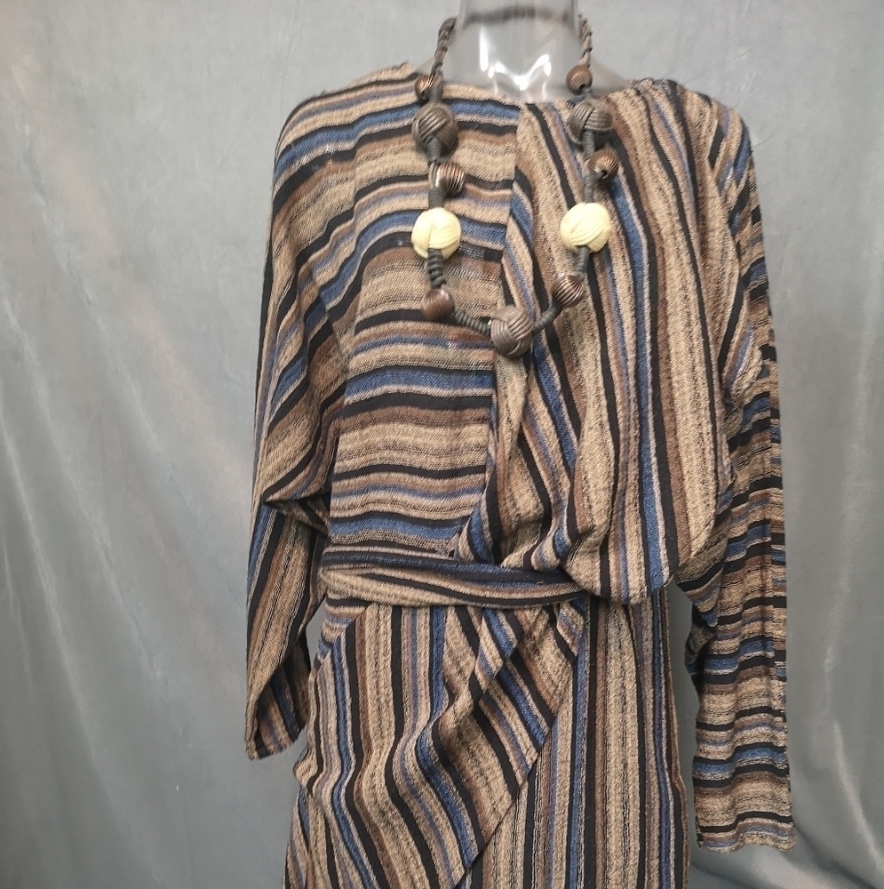 70s vintage striped jersey asymmetrical caftan mini dress with batwing & ruffle